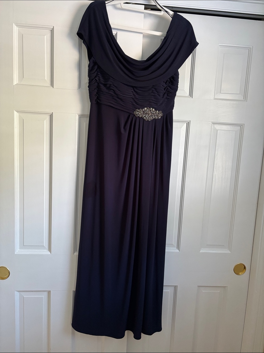 Alex Evenings Navy Cowl Neck Maxi Dress with Jeweled Waist